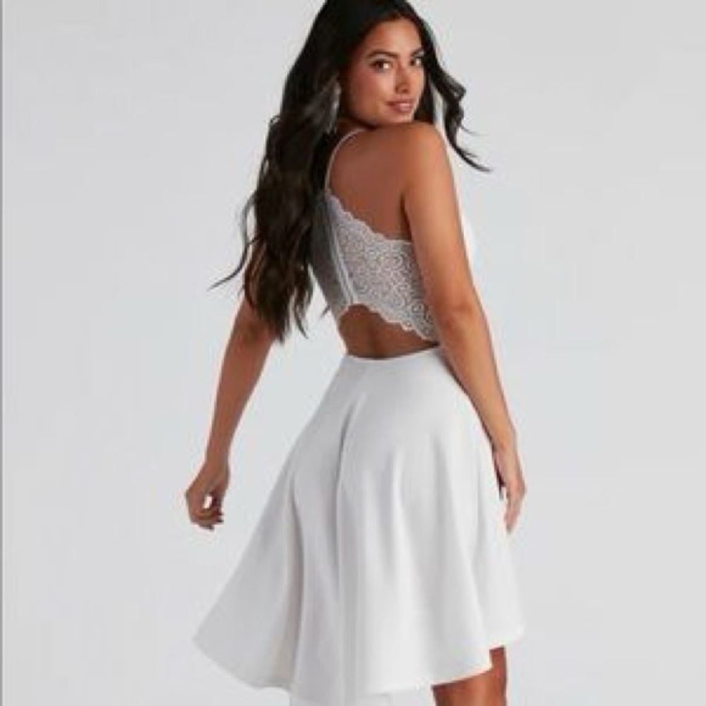 Windsor White High-Low Lace Bodice Dress